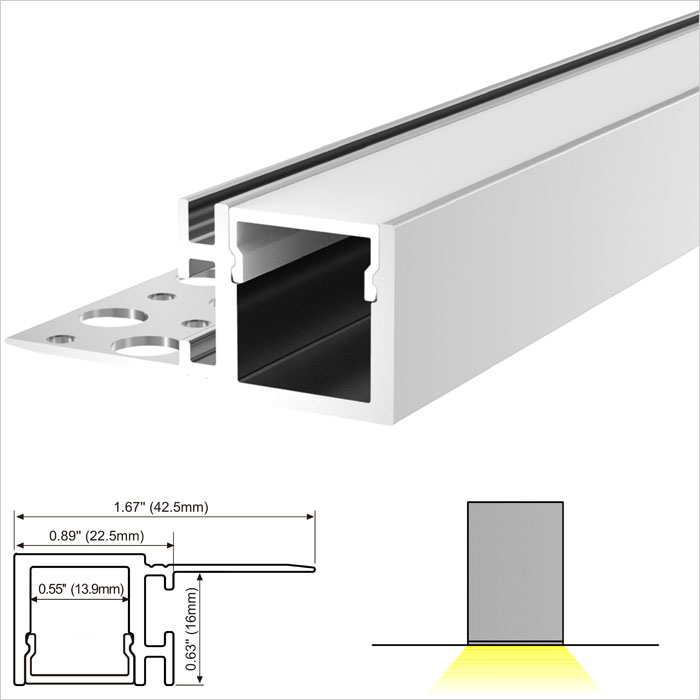 LED Strip Channel - Aluminium LED profile with single flange for drywall - 43mm Wide - 1m