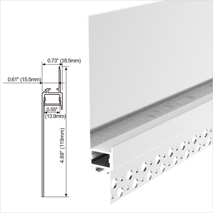 LED Strip Channel - Aluminium LED profile whith single flange, recessed into 5/8" drywall, Wall to Ceiling or Ceiling to Wall