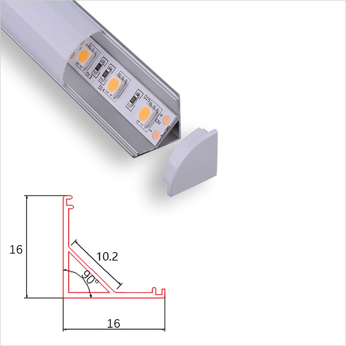 LED Strip Channel - Corner LED Aluminum Profile Extrusion With Round Cover - 16mm Wide - 1m