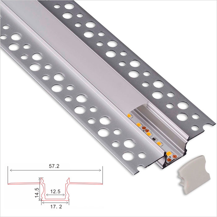 LED Strip Channel - Architectural Gypsum Plaster Aluminum LED Profile for Drywall Flat Area - 57mm Wide - 1m