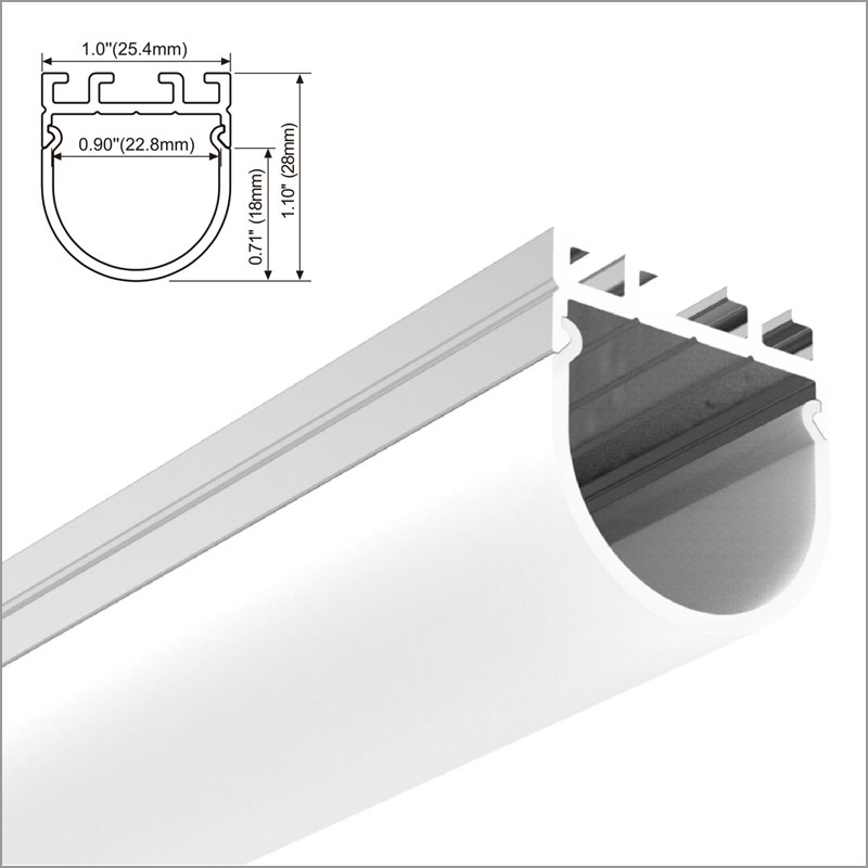 LED Strip Channel - Surface mounted aluminium profile for led strip with round cover - 26mm Wide - 1m