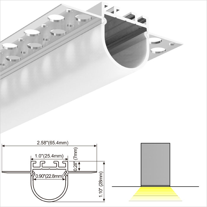 LED Strip Channel - Architectural gypsum ceiling plaster recessed mounted drywall aluminium profiles with round cover - 66mm Wide - 1m