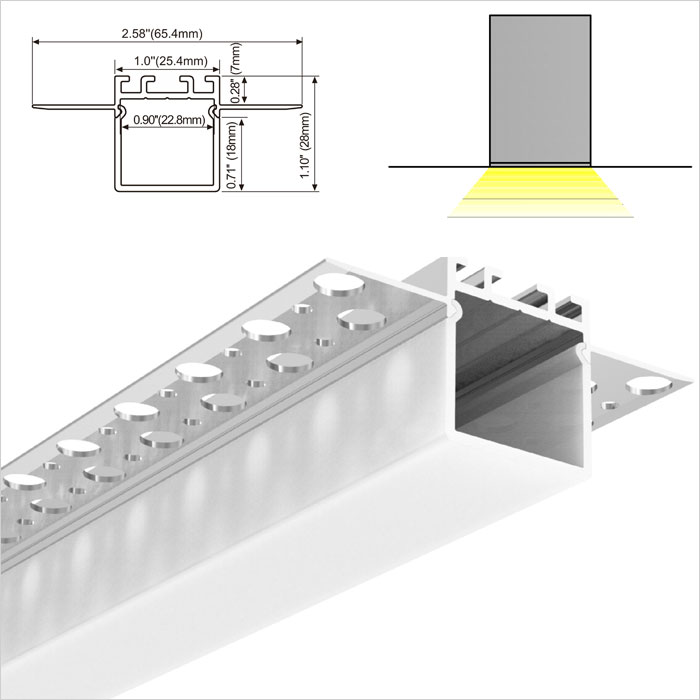 LED Strip Channel - Architectural Gypsum Ceiling Plaster Recessed Mounted Drywall Aluminium Profiles - 65mm Wide - 1m