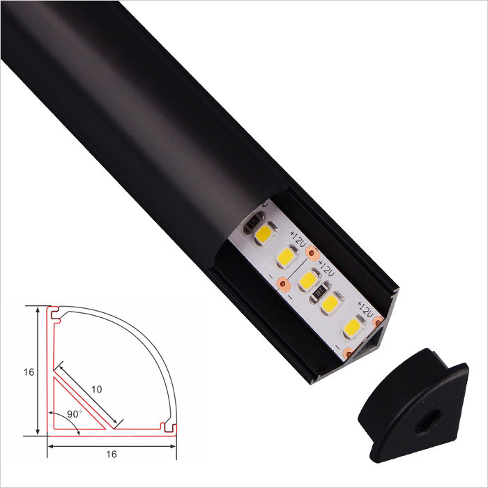 LED Strip Channel - 16mm Wide - Black - Corner - 1m