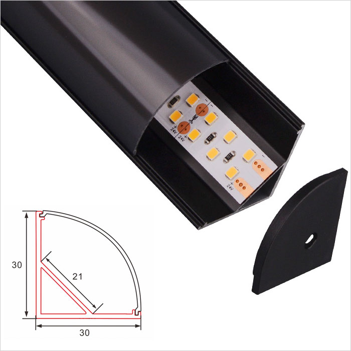 LED Strip Channel - 30*30mm Black Color Corner Aluminum LED Profile With Round Cover - 1m