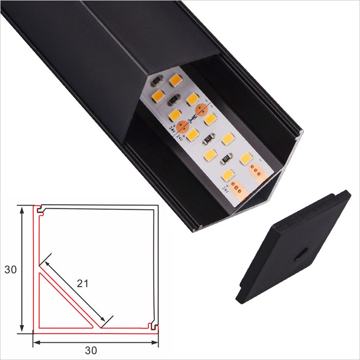 LED Strip Channel - 30*30mm Black Aluminum LED Channel With PC Square Cover - 30mm Wide - 1m