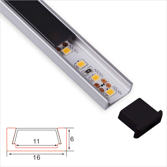 LED Strip Channel - Mini Size Black Color LED Aluminum Profile For Cabinet - 16mm Wide - 1m