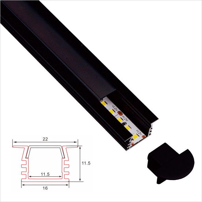 LED Strip Channel -Good Heat Dissipation Black Color Recessed Aluminum LED Profile - 22mm Wide - 1m