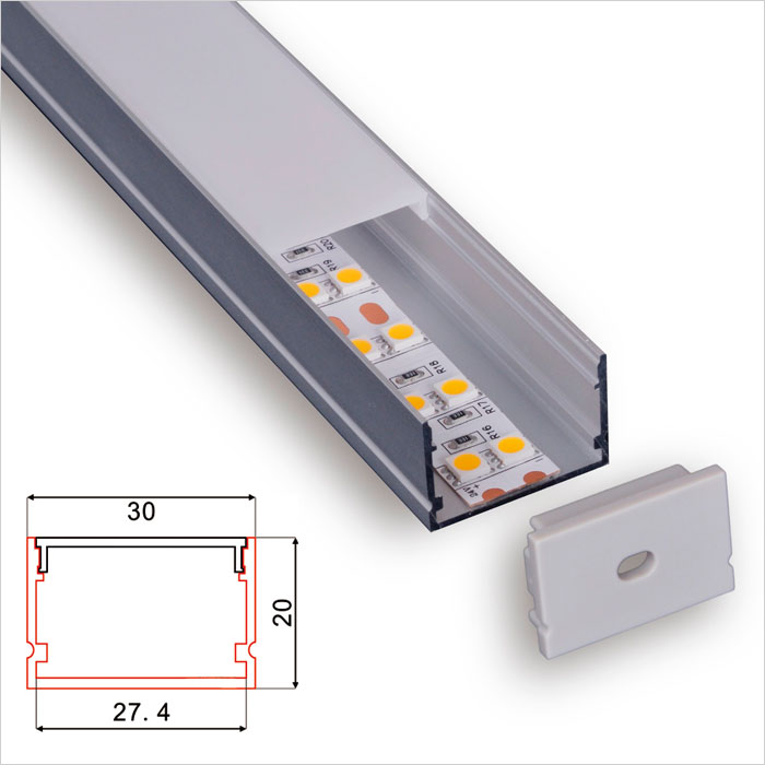 LED Strip Channel - High Quality Linear Lighting Recessed LED Aluminum Extrusion - 30mm Wide - 1m