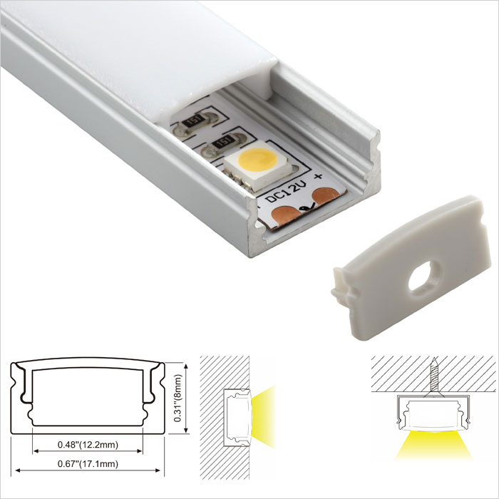 LED Strip Channel - Super Slim 8mm Recessed Aluminum LED Profile without Flange - 17mm Wide - 1m