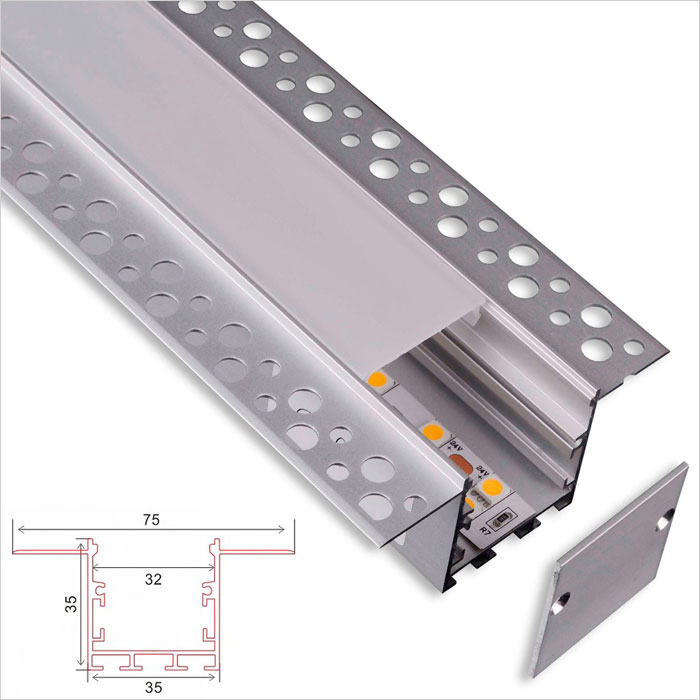 LED Strip Channel - Deeper and Wider Design Dot Free Architectural Gypsum Plaster Aluminum LED Profile - 75mm Wide - 1m