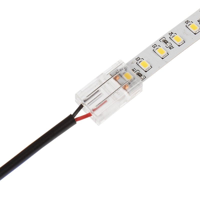 Solderless Clamp-On LED Strip Light to 5.5mm DC Barrel Connector - 10mm Single Color Strips - 22 AWG